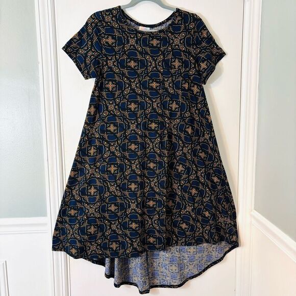 LuLaRoe S Carly Swing Dress Navy & Gold Geometric Print with Breast Pocket - Picture 8 of 10